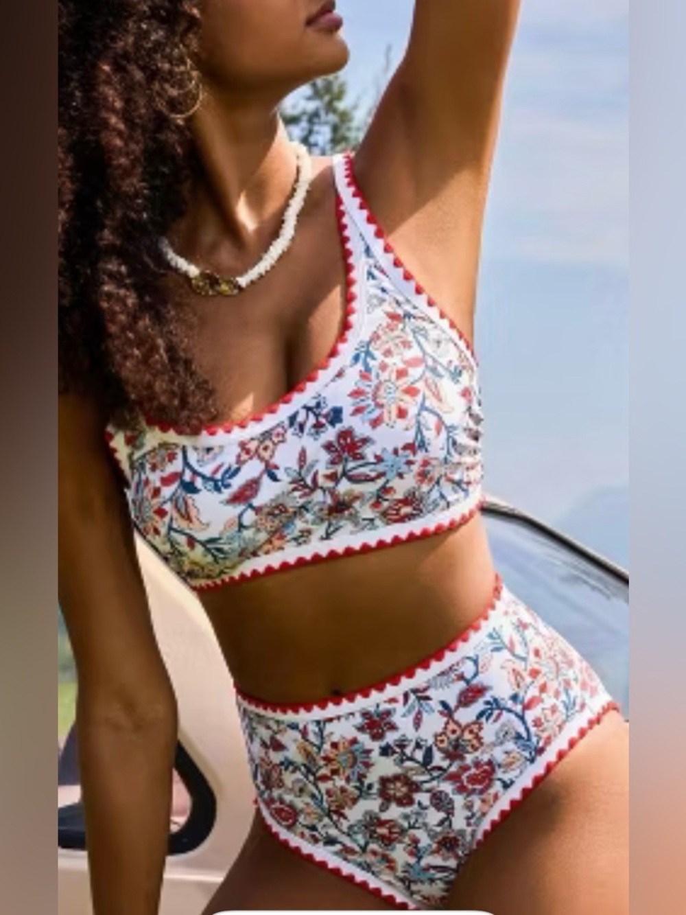 Floral Two-Piece Bikini Set with Red Trim NWT